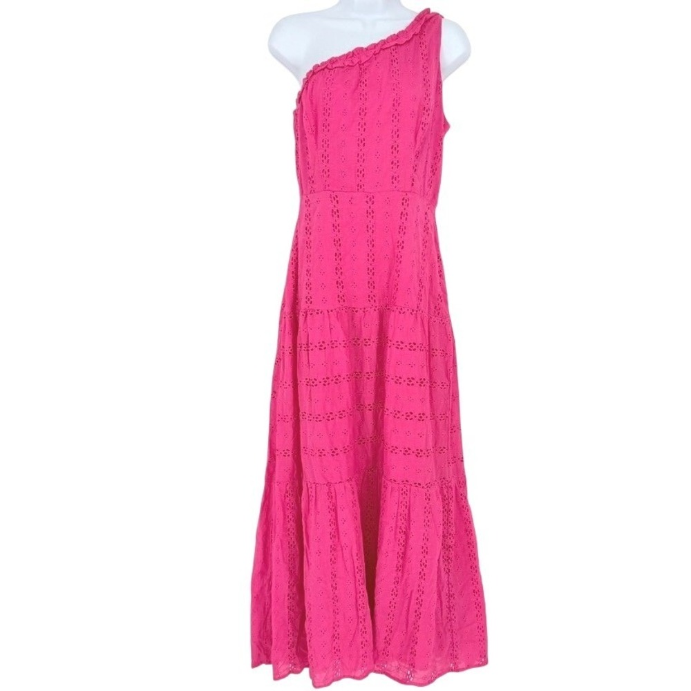 Taylor Hot Pink Eyelet Crochet One Shoulder Tiered Maxi Dress Size 2 100% Cotton